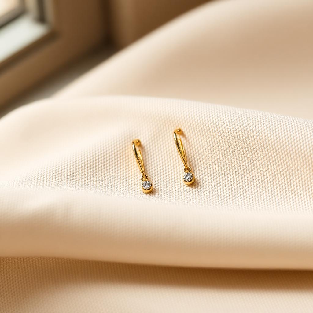 淡いベージュの布の上に置かれたK18ドロップピアス